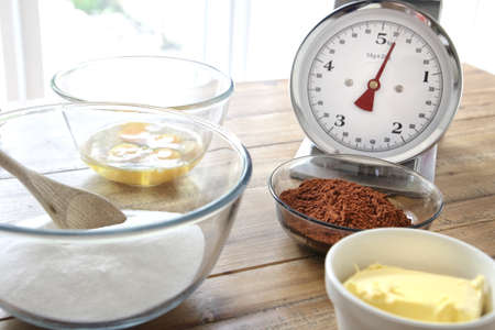 Chocolate cake ingredients ready to be mixedの写真素材