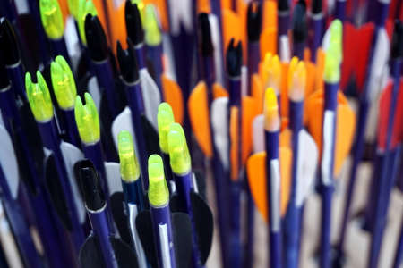 Shallow focus close up of Archery arrowsの写真素材