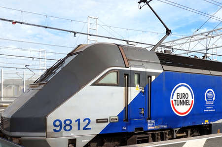 COQUELLES, PAS-DE-CALAIS, FRANCE, MAY 07 2016: Eurotunnel locomotive 9812 Bombadier waiting to leave...