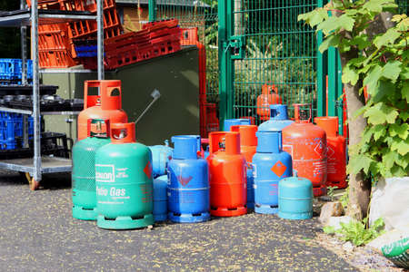 DORSET, ENGLAND, MAY 29 2016: Camping gas bottles stored on a campsite.のeditorial素材