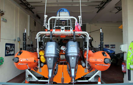 Littlehampton, UK - October 25 2016: Rear of an RNLI (Royal National Lifeboat Institution) lifeboat at Littlehampton, Sussexのeditorial素材