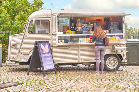 Greenwich, London, UK - October 30 2016: Mobile drink and snack and refreshments van on cobbled...