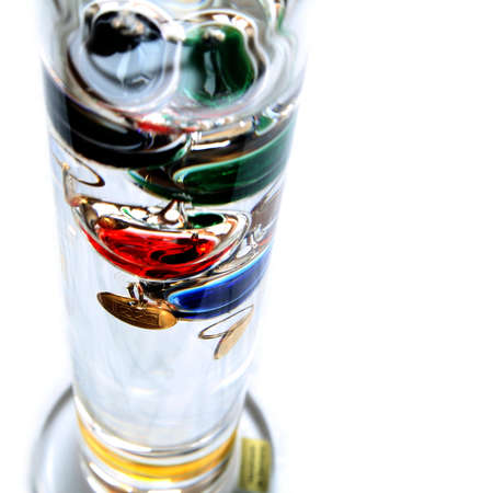 Shallow focus shot looking down on galileo thermometer