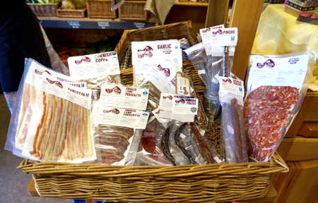 Cornwall, England, UK - April 7th 2017: Selection of ham and venison produce in a Cornish farm shop in Cornwallのeditorial素材