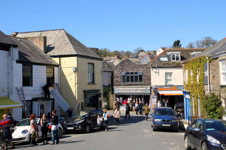 Padstow, Cornwall, UK - 6th April 2017: Pedestrians and vehicles in the town centre of the Cornish...