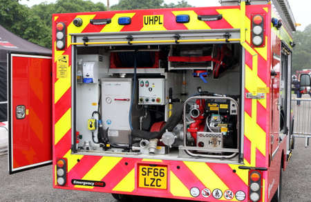 Beaulieu, Hampshire, UK - May 29 2017: Firefighting equipment in the back of a UK fire tender