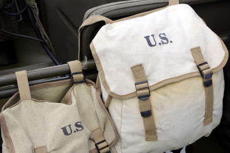 Two vintage US army bags on a jeepの写真素材