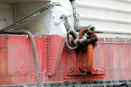 Ropes and cables attached to a cleat on the side of a vintage SR N4 hovercraft