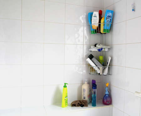 Camberley, UK - March 8th 2017: Various shampoo and shower gel products in a domestic bathroomのeditorial素材