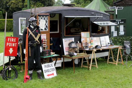 Beaulieu, Hampshire, UK - May 29 2017: Display of WW2 Air Raid Patrol (ARP) memorabilia, including...
