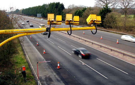Fleet, Hampshire, UK - March 11th 2017: Average speed cameras in operation on the M3 Motorway with...