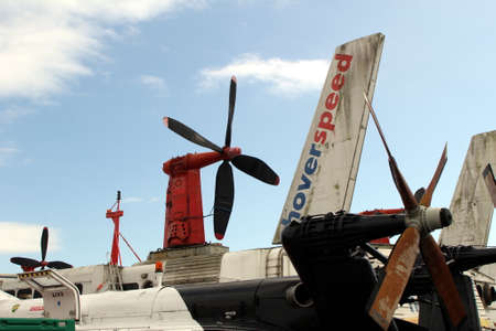 Lee-on-the-Solent, Hampshire, UK - June 10 2017: Propellers, rudders and exhaust outlets of an SR.N4...