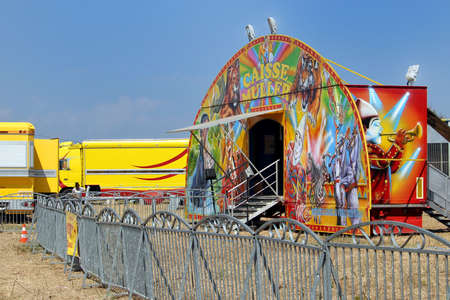 Valras-Plage, Herault, France - Aug 23 2017: Colourful decorated ticket office belonging to the French "Cirque Muller", with trailers and trucksのeditorial素材