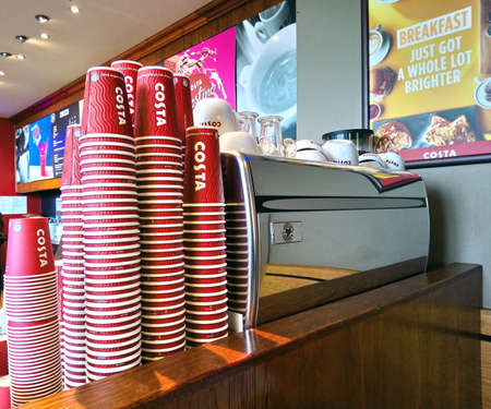Dover, England - August 18 2017: Costa coffee cups stacked on the counterのeditorial素材