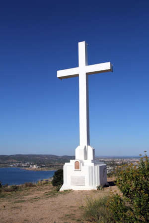 Sete, Herault, France  - Aug 21 2017: Large white Cross of the Notre Dame de la Salette Chapel on Saint Clair Mount, overlooking the French town of Sete, herault, in the Languedoc regionのeditorial素材