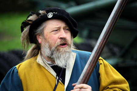 Falmouth, Cornwall, UK - April 12 2018: Historical military re-enactor dressed in bleu and yellow...