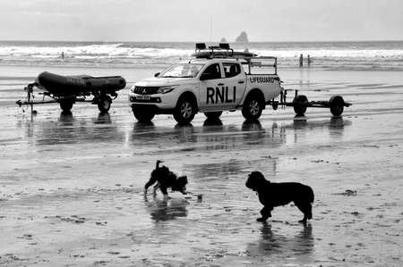 Newquay, Cornwall, UK - May 09 2018: Black and white shot of RNLI Lifeguard truck on a Cornish surfing beach at Newquay, with two dogs playing in foreground.のeditorial素材
