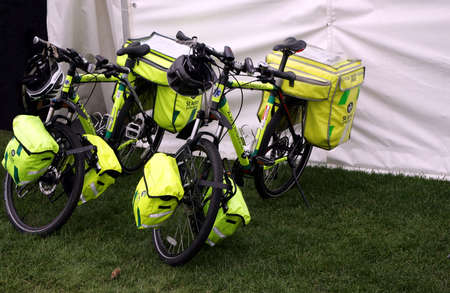 Guildford, England - May 28 2018: Two paramedic bicycles belonging to the St John Ambulance...