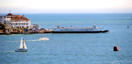 Sandbanks, Dorset, England - June 02 2018: Distant panoramic view of the Sandbanks Chain Ferry...