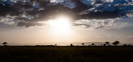 The sun sets over the Serengeti. Tanzaniaの写真素材