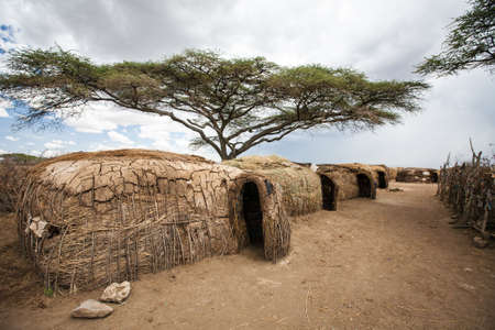 The traditional living space of the Masai people  Grass and mudd huts surrounded by goat and cattle pens  Serengeti National Park, Tanzaniaの写真素材