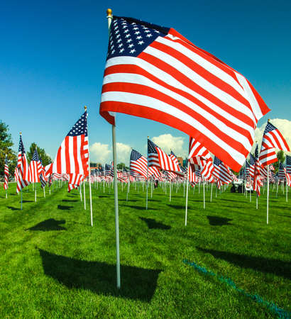 American Flags wave in the wind at a memorial in Utah  Fourth of July, Memorial Day, September 11th, Veteranの写真素材