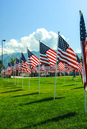 American Flags wave in the wind at a memorial in Utah  Fourth of July, Memorial Day, September 11th,...