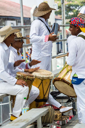 Barranquilla, Colombia - March 1, 2014 - Musicians play traditional samba music in the palcos during the Battalla de Flores, Carnival de Barranquilla.のeditorial素材