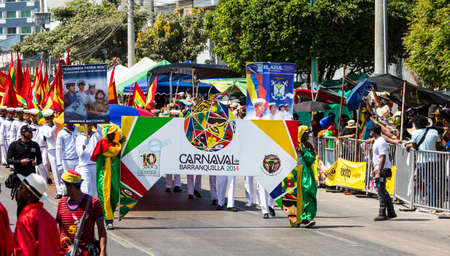 Barranquilla, Colombia - March 1, 2014 - Naval cadets present the flag of Colombia to start the Battalla de Flores. The pinnacle parade of the Carnival de Barranquilla.のeditorial素材