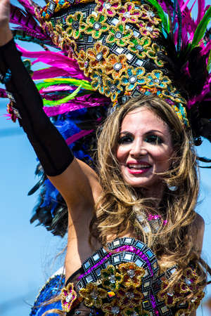 Barranquilla, Colombia - March 1, 2014 - Senora Colombia, Anna Maria Aljure waves to the crowd during the Battalla de Flores, the pinnacle parade of the Carnival de Barranquilla.のeditorial素材