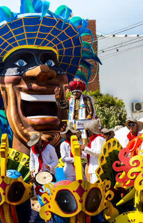 Barranquilla, Colombia - March 1, 2014 - Rey Momo 2014 Ãlvaro Bustillo rides a float in the Battalla de Flores, the pinnacle parade of the Carnival de Baranquilla.のeditorial素材