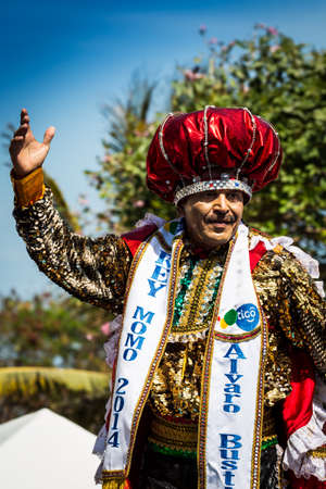 Barranquilla, Colombia - March 1, 2014 - Rey Momo 2014 Ãlvaro Bustillo rides a float in the Battalla de Flores, the pinnacle parade of the Carnival de Baranquilla.のeditorial素材