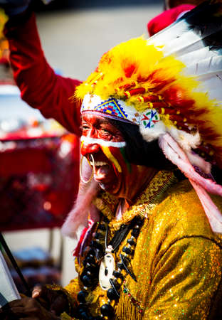 Barranquilla, Colombia - March 1, 2014 - Performers in elaborate costume sing, dance, and stroll their way down the streets of Barranquilla during the Battalla de Flores. The Pinnacle of the Carnival de Barranquilla parades.のeditorial素材
