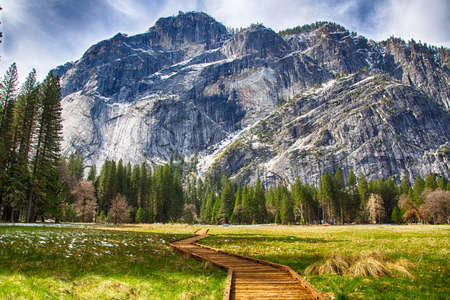 North Dome as seen from the valley floor. Yosemite National Park, California.の写真素材