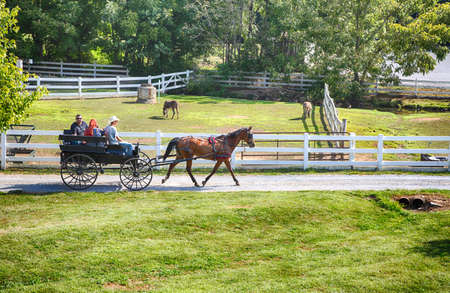 Lancaster, Pennsylvania - September 10, 2016 - Amish men give tourists a ride in a traditional buggy on a historic farm in Amish Country Pennsylvania.のeditorial素材