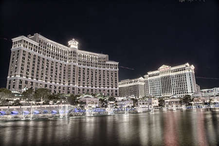 September 13, 2016 Las Vegas, Nevada: The Bellagio resort and casino at night across the lagoon and fountains.のeditorial素材