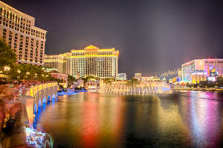 September 13, 2016 Las Vegas, Nevada: The Bellagio resort and casino at night across the lagoon and fountains.のeditorial素材