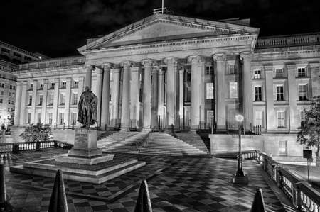 September 12, 2017, Washington, DC, USA: The US Treasury  building lit up at night with the statue of Gallatin prominent out front.のeditorial素材