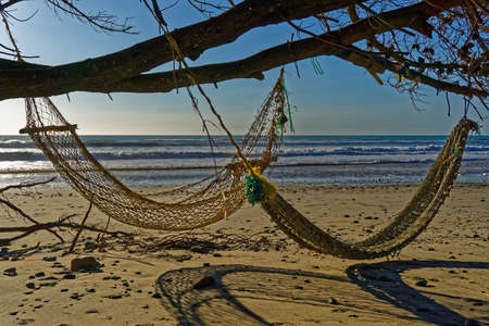 Two hammocks on the beach in the evening sunlightの写真素材
