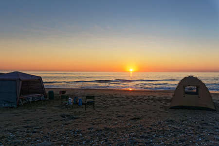 Meob Bay campsite at sunset on the Skeleton Coast, Namibia, Africaの写真素材