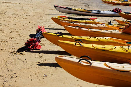 Sea kayaks on the beach at Anchorage Bay, Abel Tasman National Park, New Zealandの写真素材