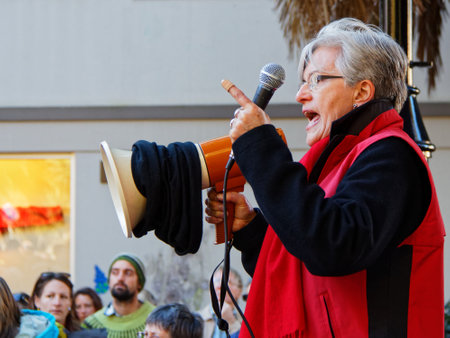Nelson, Nelson/New Zealand - July 27, 2013: Labour MP Maryan Street speaking at a demonstration march against the New Zealand government's Government Communications Security Bureau (GCSB) bill.のeditorial素材