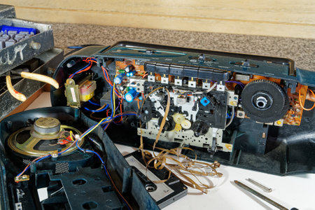 Illustrative editorial - April 19, 2020: A radio cassette with a tape jam. The right to repair means disassembling products so a home handyman or local repair shop can fix the item without specialist tools and parts from the manufacturer. Repaired items aのeditorial素材