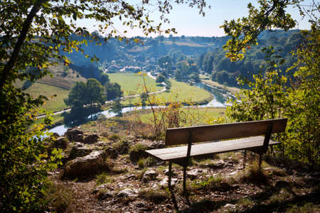 Bird's eye view of Herbrechtingen - Eselsburg and the river Brenz in the valley (Eselsburger Tal) from the hillside on a sunny day.の写真素材