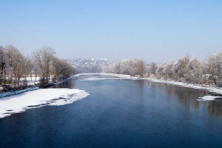 The icy Danube river in Ulm, Germany.の写真素材