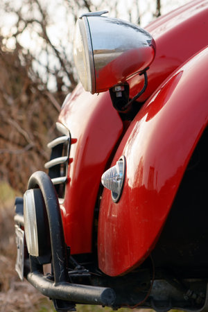 HEIDENHEIM, GERMANY - MARCH 13, 2017: Close-up photo of the front of a red Citroen 2CV car on March 13, 2017 near Heidenheim, Germany.のeditorial素材