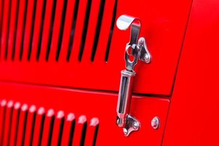 LUDWIGSBURG, GERMANY - APRIL 23, 2017: Panther J72 oldtimer car at the eMotionen event on April 23, 2017 in Ludwigsburg, Germany. Close-up of the hood grille locking mechanism.のeditorial素材