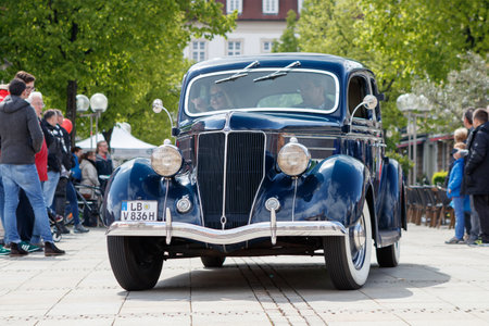LUDWIGSBURG, GERMANY - APRIL 23, 2017: Ford oldtimer car at the eMotionen event on April 23, 2017 in Ludwigsburg, Germany. Front view.のeditorial素材