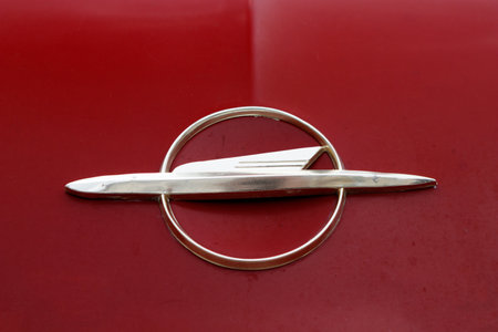 LUDWIGSBURG, GERMANY - APRIL 23, 2017: Opel Olympia Rekord oldtimer car at the eMotionen event on April 23, 2017 in Ludwigsburg, Germany. Close-up of the front emblem.のeditorial素材