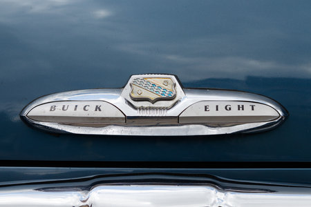 LUDWIGSBURG, GERMANY - APRIL 23, 2017: Buick Special oldtimer car at the eMotionen event on April 23, 2017 in Ludwigsburg, Germany. Close-up of the rear emblem.のeditorial素材